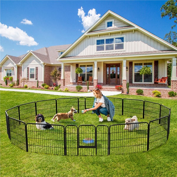 Freistehendes Hundegehege mit Tür auf einer Rasenfläche vor einem Haus mit einer Frau und drei Hunden