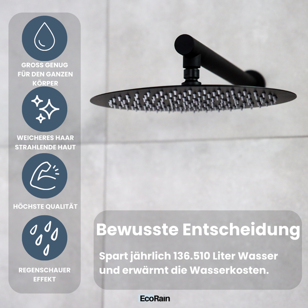 EcoRain 30% Wassersparender Regendusch-Duschset Tyler 30 CM Quadrat - Handbrause 12 CM - Hoher Druck - Universell - Anti-Kalk Duschkopf - Schwarz