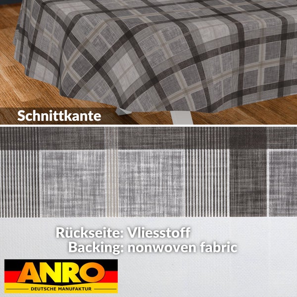 Wachstuch-Tischdecke mit Karomuster, Schnittkante und Vliesrückseite. ANRO Logo.