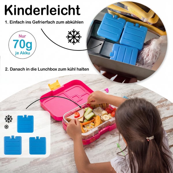 Drei circa 70 Gramm leichte Kühlakkus für die Lunchbox, die im Gefrierfach gekühlt und in die Brotdose mit verschiedenen Speisen gelegt werden.