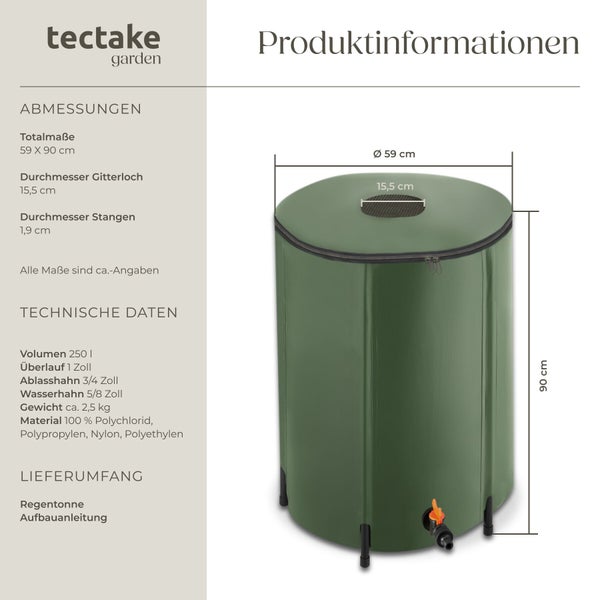 Tectake Logo und Infografik einer faltbaren Regentonne mit 250 Liter Fassungsvermögen inklusive Maßangaben und technischer Daten.
