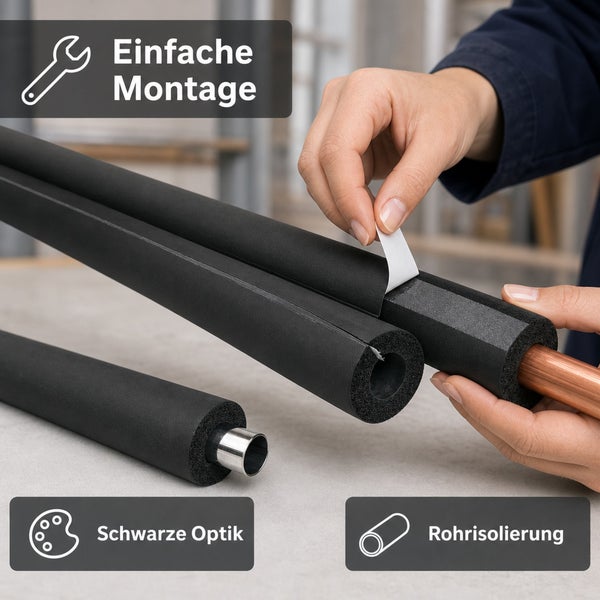 Person montiert selbstklebende Rohrisolierung aus Schaumstoff an einem Metallrohr für einfache Installation und Wärmedämmung.