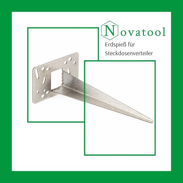 Novatool Erdspieß aus Metall mit Montageplatte für Steckdosenverteiler, Novatool Logo.