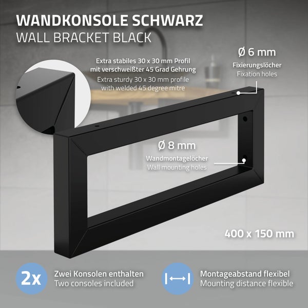 ML-Design 2er Set Wandkonsole für Waschtisch, 400x150 mm, Schwarz, Stahl, Design Waschtischhalterung, Wandhalterung Unterbau für Waschtischplatte, Konsolenträger Regalträger Regalhalter Handtuchhalter