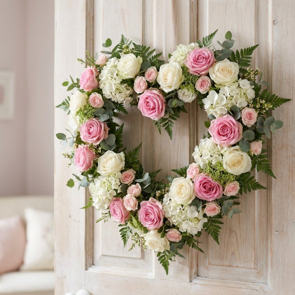Herzfoermiger Blumenkranz mit Rosen und Hortensien an einer Holztuer als Dekoration fuer ein festliches Wohnambiente.