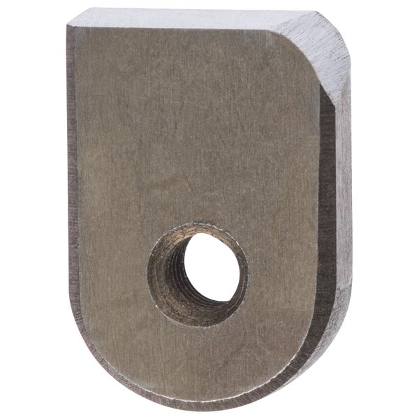 Ersatzmesser aus Metall mit einer Gewindebohrung und einer abgeschrägten Kante.