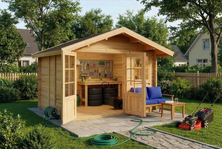 Holzgartenhaus mit Doppeltür, Werkbank und Gartenmöbeln im Garten auf einer gepflasterten Fläche mit Rasenfläche und Rasenmäher.