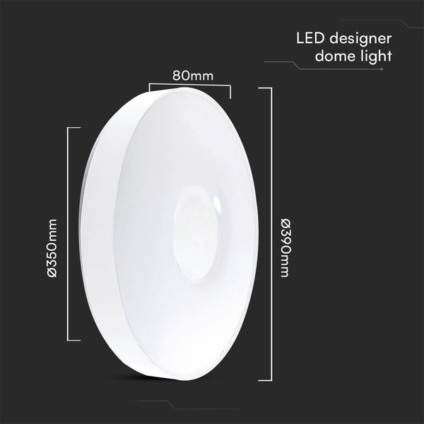 LED Design Deckenleuchte mit den Maßen 350 mm Durchmesser, 390 mm Durchmesser und 80 mm Tiefe.