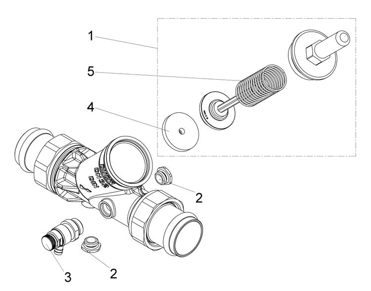 Explosionszeichnung einer Armatur mit nummerierten Ersatzteilen wie Feder, Dichtung und Ventilgehäuse.