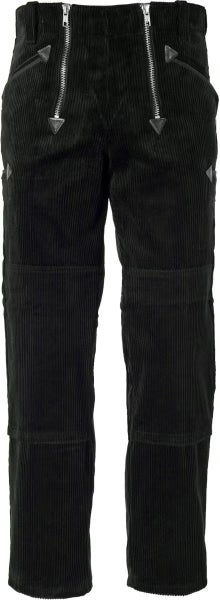 Schwarze Zunfthose aus Trenkercord mit zwei Reißverschlüssen, Kniepolstertaschen und Lederbesatz an den Taschen.