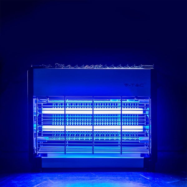 Elektrischer Insektenvernichter von V-TAC mit zwei Ultraviolett-Röhren und Schutzgitter aus Metall.