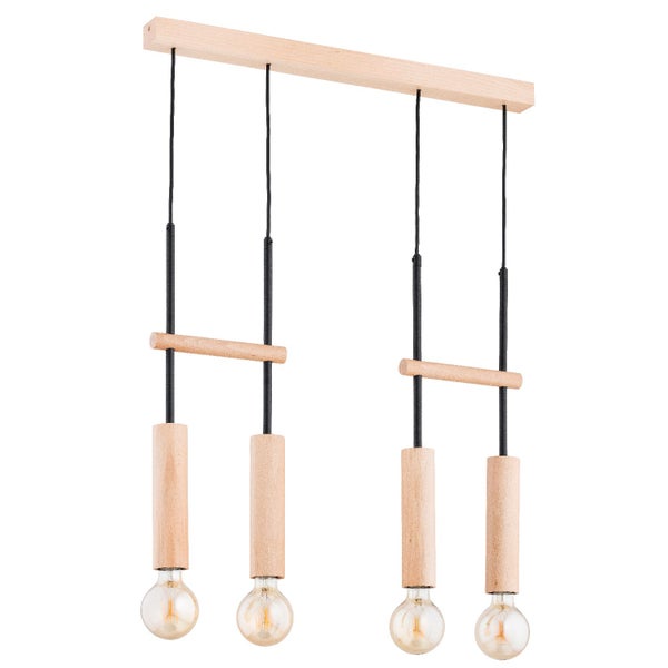 Vierflammige Pendelleuchte mit Holzbalken und zylindrischen Holzfassungen