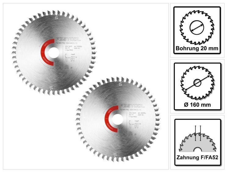 Festool Kreissägeblatt 2x Laminate/HPL HW 160 x 1,8 x 20 TF52 ( 2x 205554 ) für Tauchsägen TS 55 F, TSC 55 K & Handkreissägen HK 55, HKC 55