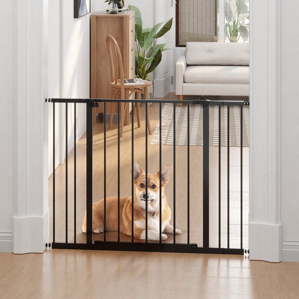 PawHut Türschutzgitter, Treppenschutzgitter ohne Bohren, Hunde Absperrgitter, Schutzgitter für Haustier, Hundegitter, Klemmbefestigung, Stahl, Schwarz, 76-107 x 76 cm