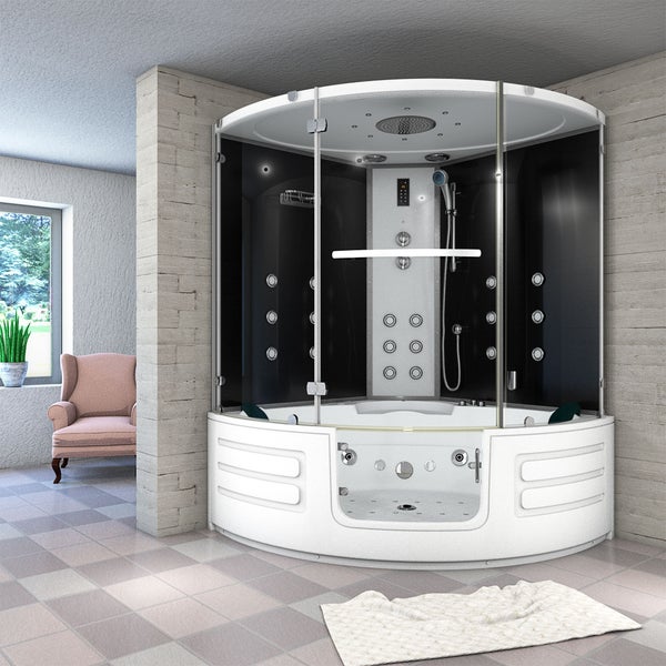 Geräumiges, modernes Badezimmer mit einer weißen Whirlpool-Badewanne inklusive Dampfduschkabine, Glastüren, Massagedüsen und integrierter Beleuchtung.