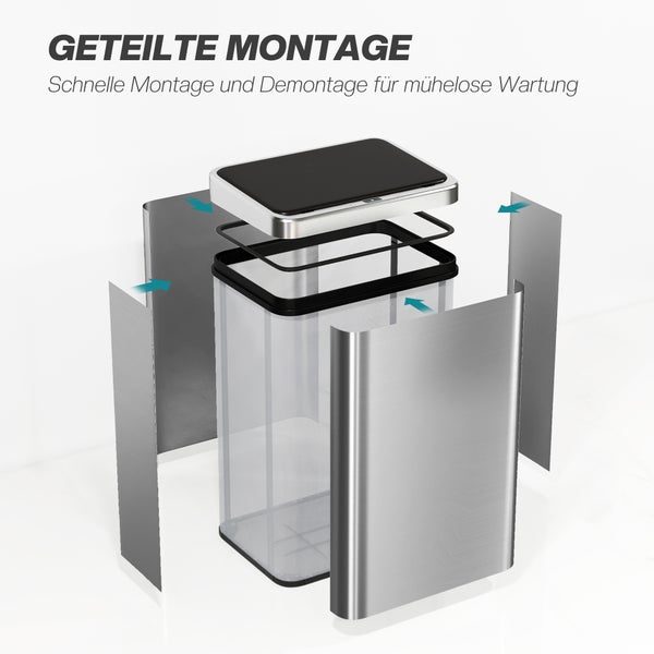 Explosionszeichnung eines Sensor-Mülleimers mit Deckel, transparentem Behälter und Edelstahlpaneelen zur einfachen Montage und Wartung.