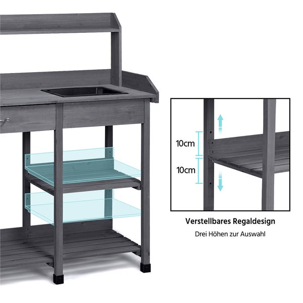 Detailansicht eines Pflanztisches mit verstellbarem Regaldesign und drei wählbaren Höhen.