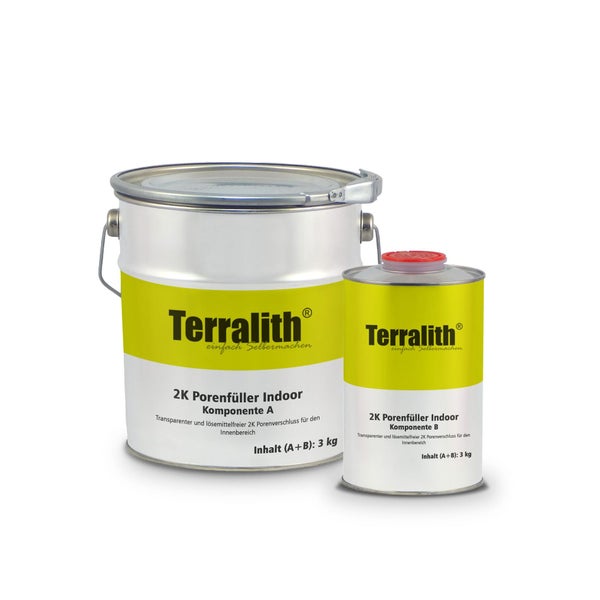 Terralith 2-Komponenten Porenfüller Indoor, transparenter lösemittelfreier Porenverschluss für innen, Set aus Komponente A und B, 3 Kilogramm.
