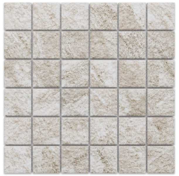 Mosaikfliese aus Feinsteinzeug in Steinoptik, quadratische Steine auf Netz, strukturierte Oberfläche.