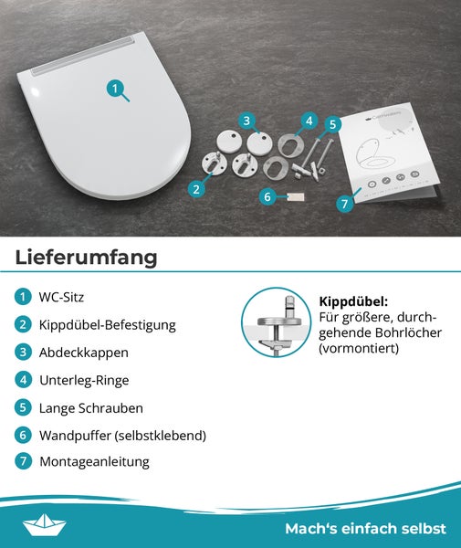 Lieferumfang eines WC Sitzes mit Kippdübel Befestigung, Abdeckkappen, Schrauben, Unterlegscheiben, Wandpuffer und Montageanleitung.