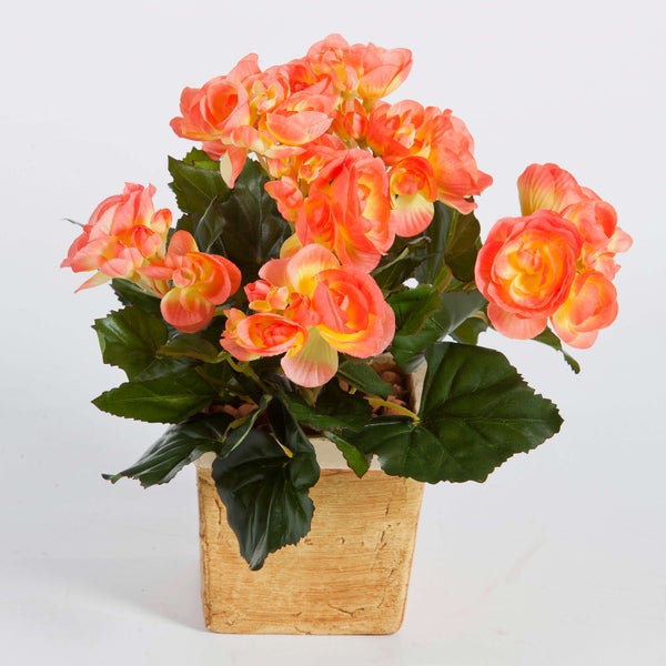 Künstliche Begonie im quadratischen Übertopf mit lachsfarbenen Blüten und grünen Blättern.