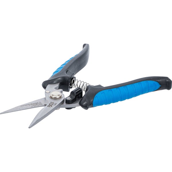 Blaue und schwarze BGS Universalschere mit ergonomischen Griffen und Federmechanismus.