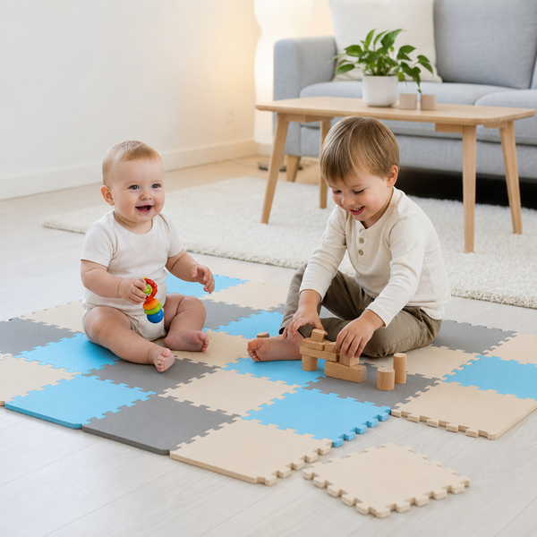 Zwei Kinder spielen auf einer weichen Schaumstoff Puzzlematte mit ineinandergreifenden Puzzleteilen im Wohnzimmer.
