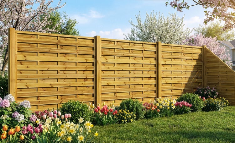 Holzzaun im Garten mit blühenden Blumen und Bäumen im Hintergrund