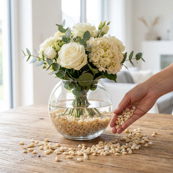 Eine Hand legt kleine Dekosteine in eine runde Glasvase mit einem Blumenstrauß aus Rosen und Hortensien auf einem Holztisch.