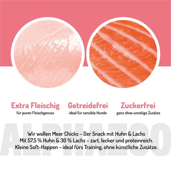 Illustration von Hühnchen und Lachs für Hundesnack mit dem Hinweis extra fleischig, getreidefrei und zuckerfrei