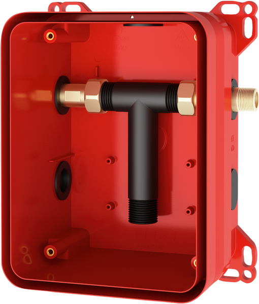 Unterputz Einbaukasten aus Kunststoff mit T Stück Rohranschluss und Messingverschraubungen für Sanitärinstallationen.