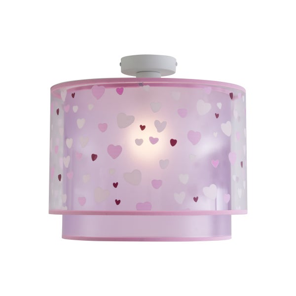 Rosa zylindrische Deckenleuchte für Kinder mit zweistufigem Stoffschirm und Herzmuster.