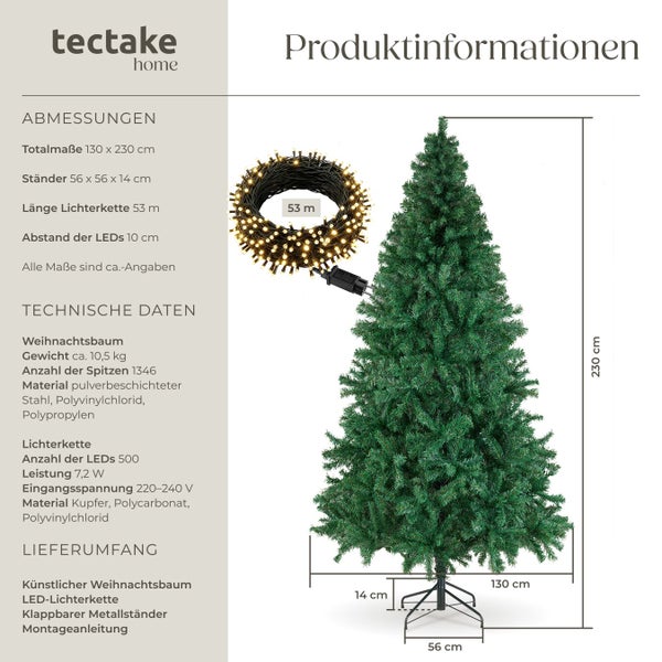 Produktinformationen zu einem künstlichen Weihnachtsbaum mit LED-Lichterkette, 230 cm hoch
