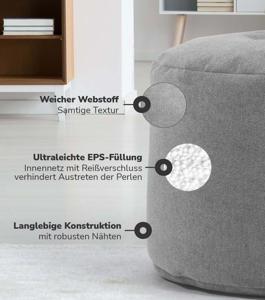mokebo Pouf, Hocker o. Bodenkissen 'Der Ruhepouf' Sitzhocker rund und Fußhocker fürs Wohnzimmer, leichter Sitzpouf aus Stoff in Grau