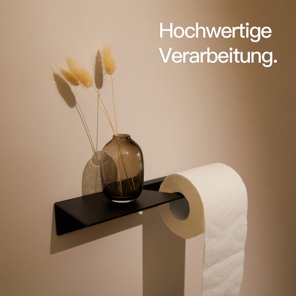 Designfabrik Hamburg Toilettenpapierhalter ohne Bohren Schwarz mit Ablage 27cm