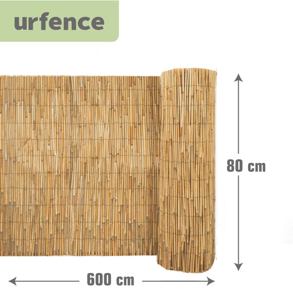 urfence Logo, Sichtschutzmatte aus Schilfrohr, 80 Zentimeter hoch und 600 Zentimeter lang, teilweise ausgerollt.