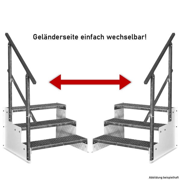 Metalltreppe mit drei Stufen und Geländer, Geländerseite einfach wechselbar.