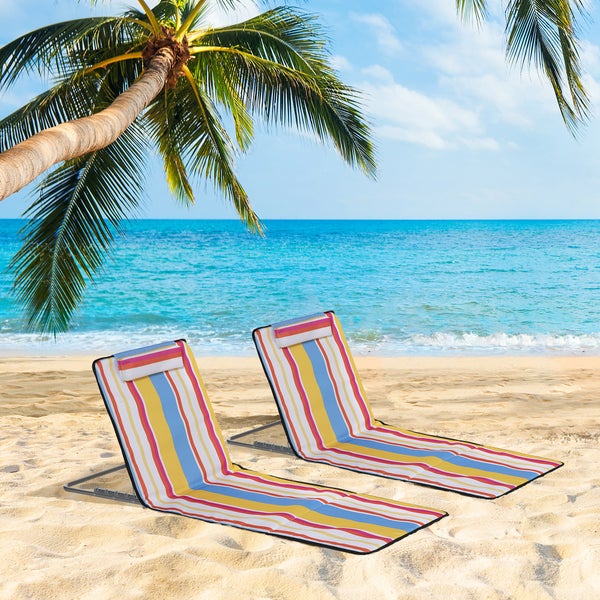 Outsunny Strandmatte, 2er Set Faltbare Strandliege mit Kopfkissen, 5-stufige Höhenverstellbare Strandmatratze mit Tragetasche, Stahl, Mehrfarbig, 134 x 48 x 33-43 cm