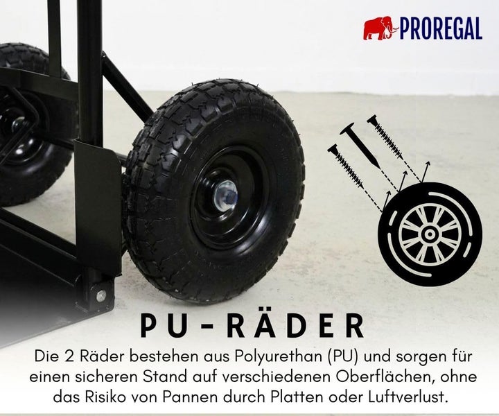 Sackkarre mit pannensicheren Polyurethan-Rädern von Proregal, widerstandsfähig gegen spitze Gegenstände wie Nägel oder Schrauben.