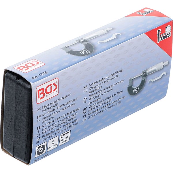 Bügelmessschraube in Holzkassette in der Verpackung