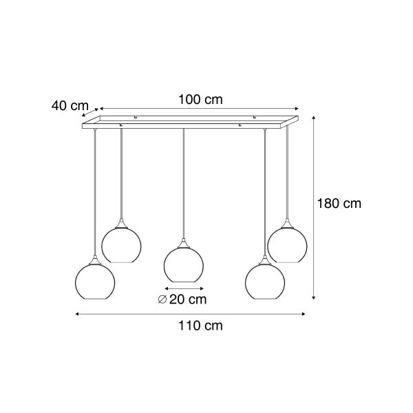 Technische Zeichnung der Pendelleuchte mit den Maßen 40 cm x 100 cm x 180 cm und einem Durchmesser von 20 cm.