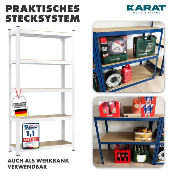 Steckregal aus Metall mit Holzböden, nutzbar als Regal oder Werkbank. Deutsches Unternehmen, Testurteil sehr gut. Karat Home and Living Logo.
