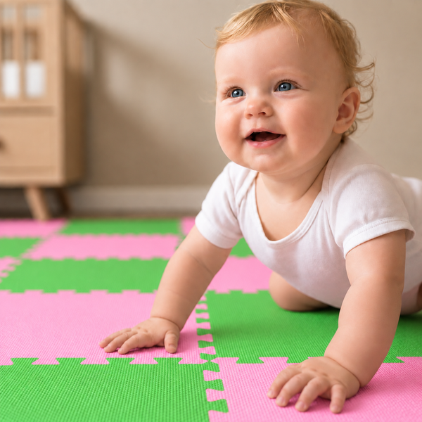 Ein Kleinkind krabbelt auf einer bunten Puzzlematte aus Schaumstoff in einem Kinderzimmer.