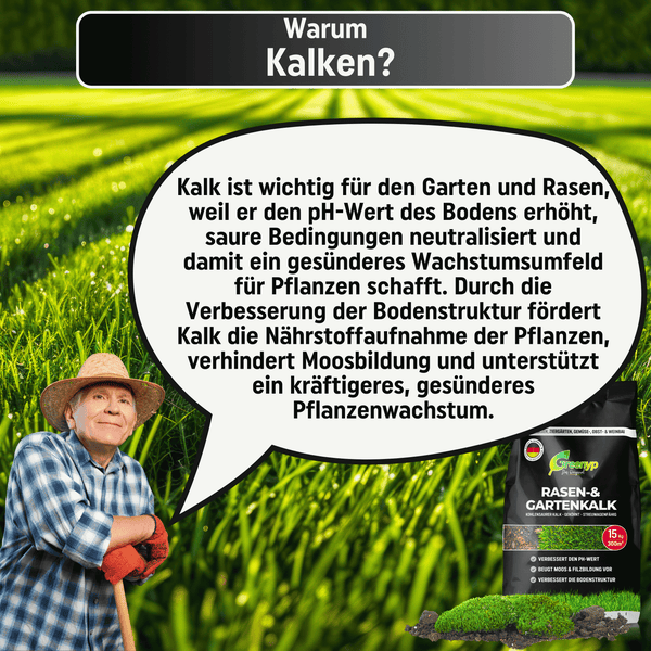 Greenyp Rasenkalk & Gartenkalk I 30kg / 600m² I fein gekörnter staubarmer kohlensaurer Kalk gegen Moos und Pilze im Rasen