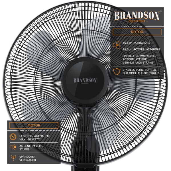 Brandson Standventilator 60W mit Timer, Luftkühler 80 Grad osziellierend, Ventilator höhenverstellbar, Kopf um 35 Grad neigbar, 3 Geschwindigkeiten