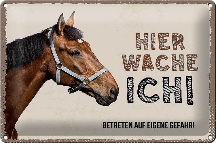 Blechschild Spruch 30x20cm Pferd links hier wache ich eigene Gefahr Schild