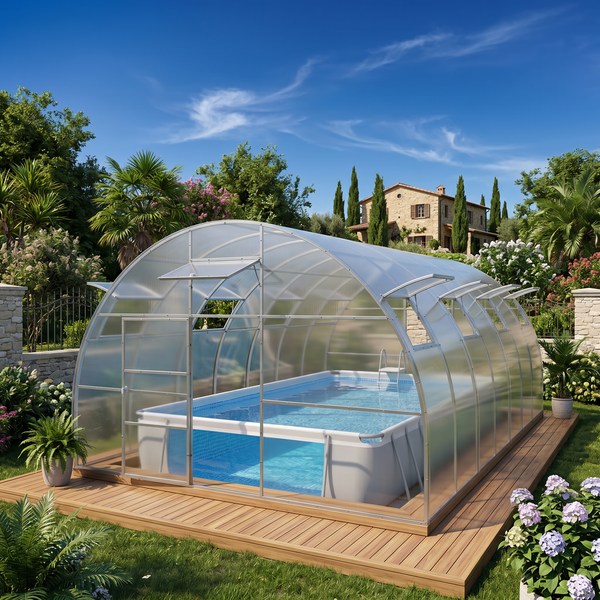 Poolüberdachung als halbrunde Konstruktion mit Polycarbonatplatten über einem rechteckigen Aufstellpool auf einer Holzterrasse im Garten.