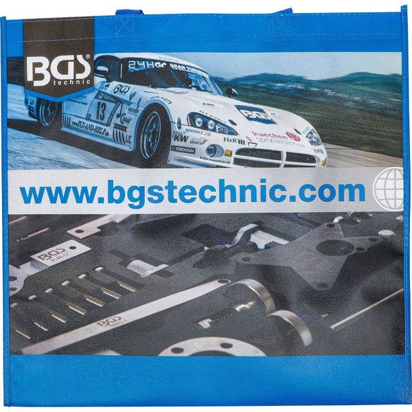 Blaue BGS technic Einkaufstasche mit Aufdruck eines Rennwagens, Werkzeug-Set, BGS technic Logo und Webadresse.