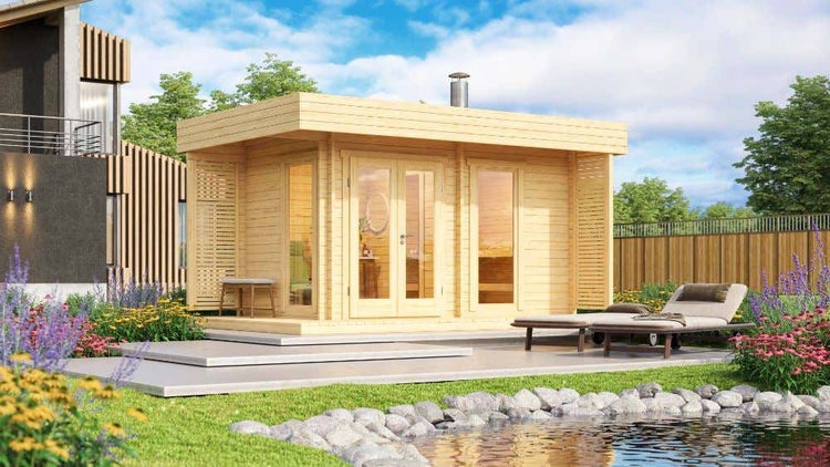 FinnTherm Saunahaus Hedda Gartensauna 2 Sitzbänke aus Holz, Sauna mit 70 mm Wandstärke inklusive Terrasse, Außensauna, Naturbelassen 4,8x3,1m