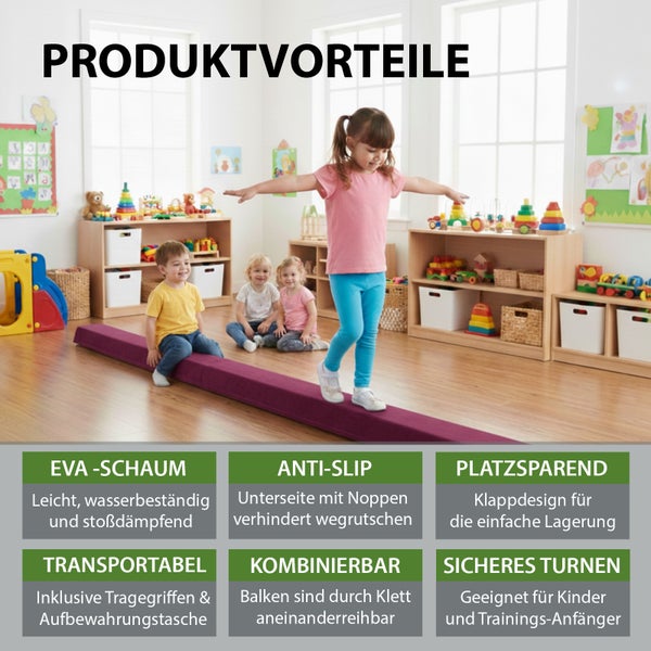 Klappbarer Gymnastik-Schwebebalken in einer Turnhalle mit Gesamtlänge circa 270 Zentimeter, Breite 10 Zentimeter und 100 Kilogramm Tragkraft.